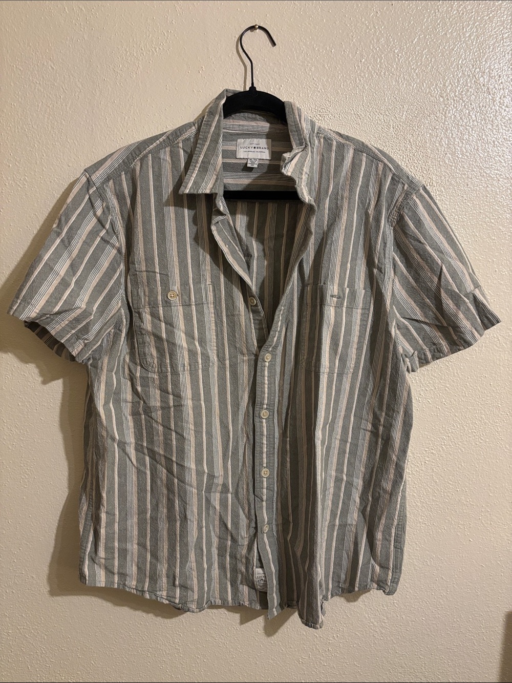 Lucky Brand Men's Short-Sleeve Vertical Stripe Button-Up in Green and White